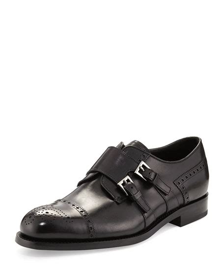 Prada Medallion Leather Double Monk Shoe, Black